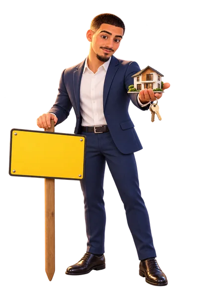 Enzo Prat en agent immobilier avec maison miniature et panneau