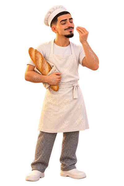 Enzo Prat en boulanger, baguette sous le bras