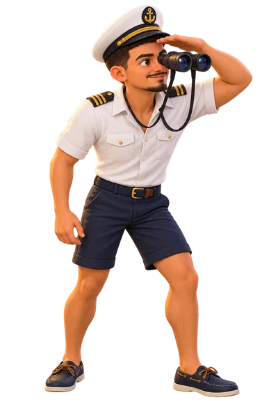 Enzo Prat en capitaine de bateau avec jumelles