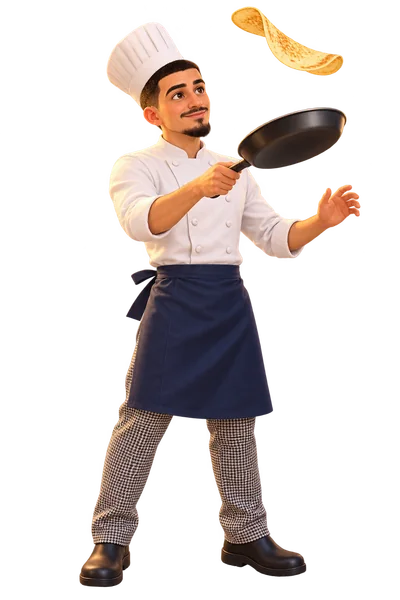 Enzo Prat en chef cuisinier faisant sauter une crêpe