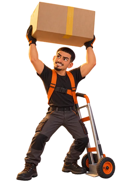 Enzo Prat en déménageur portant un carton