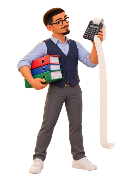 Enzo Prat en expert-comptable avec classeurs et calculatrice