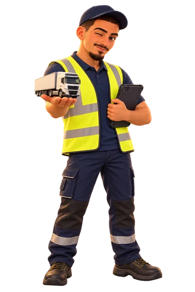 Enzo Prat en chauffeur poids lourd présentant un camion miniature