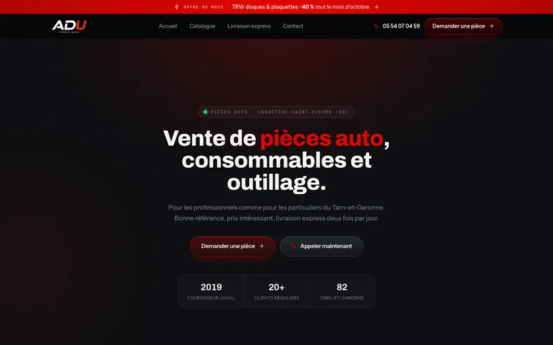 Page d'accueil du site de Adu Pièces Auto