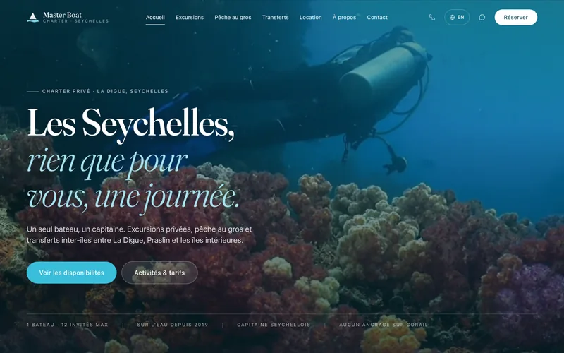 Page d'accueil du site de Master Boat Charter